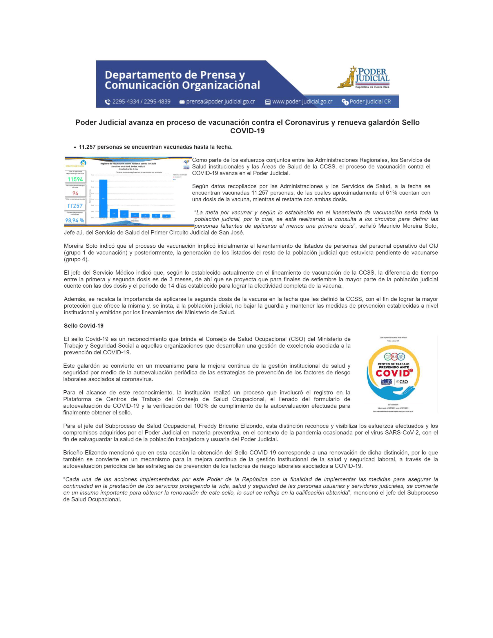 Poder Judicial avanza en proceso de vacunación contra el Coronavirus